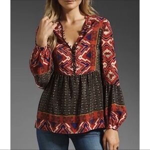 Konrad + Joseph Anthropologie Womens Sz M Peasant Blouse Top Red Mandarin Collar